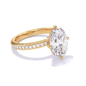 OVAL CUT DIAMOND ENGAGEMENT RING WITH A COMPASS 4 PRONG THREE PHASES PAVE SETTING IN 18K YELLOW GOLD