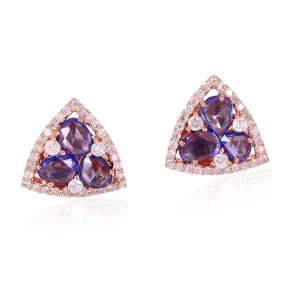 Oval Cut Slice Blue Sapphire Pave Diamond Triangle Stud In 18K Rose Gold For Her