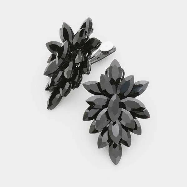Oval Jet Black Crystal Cluster Clip on Evening Earrings