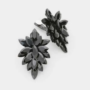 Oval Jet Black Crystal Cluster Clip on Evening Earrings