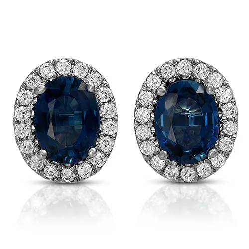 Oval Sapphire Gemstone Stud Earrings with Round Diamonds on a 14k White Gold Halo Setting