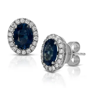 Oval Sapphire Gemstone Stud Earrings with Round Diamonds on a 14k White Gold Halo Setting