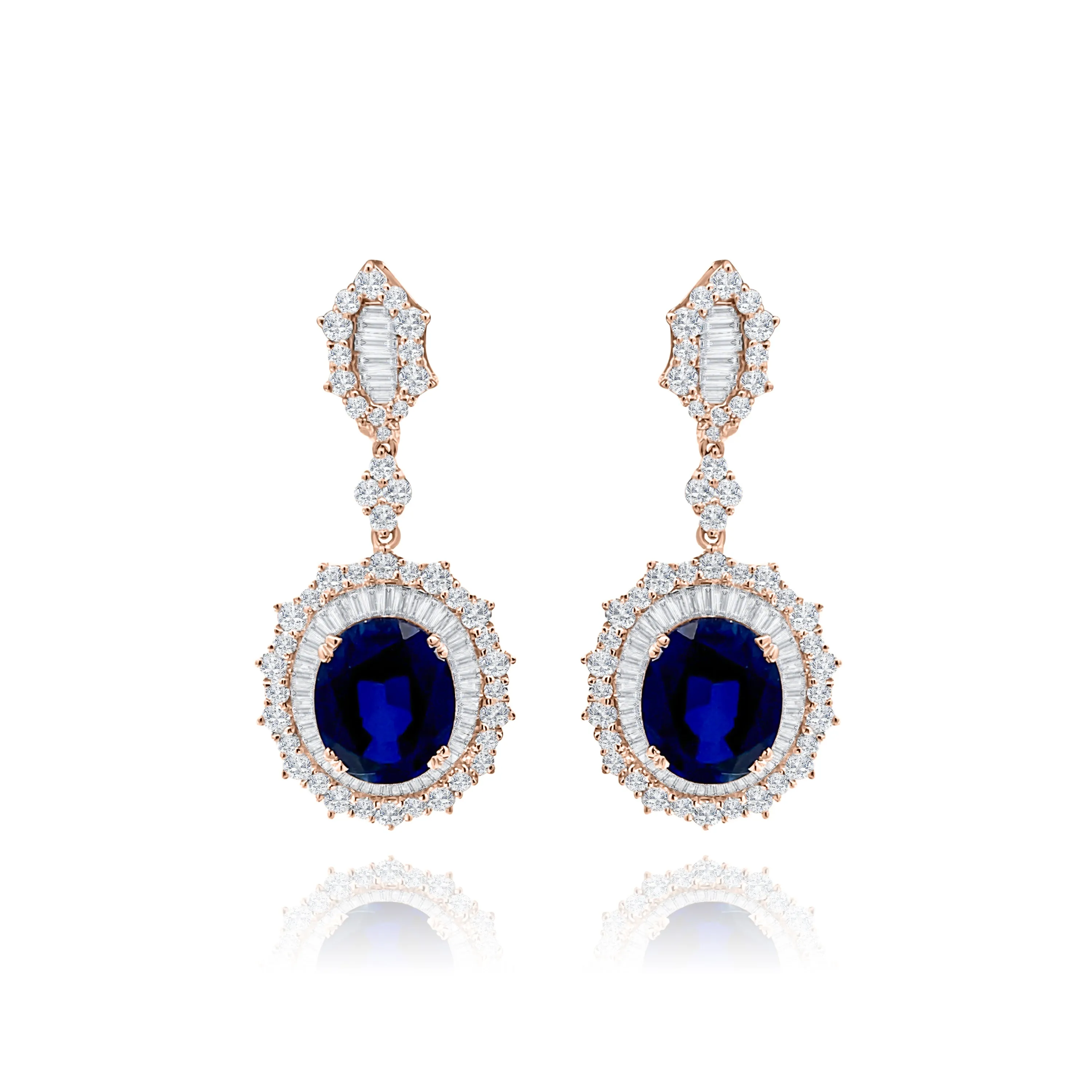 Oval Sapphire With Baguette cut & Brilliant cut Diamonds "Ocean" Earrings