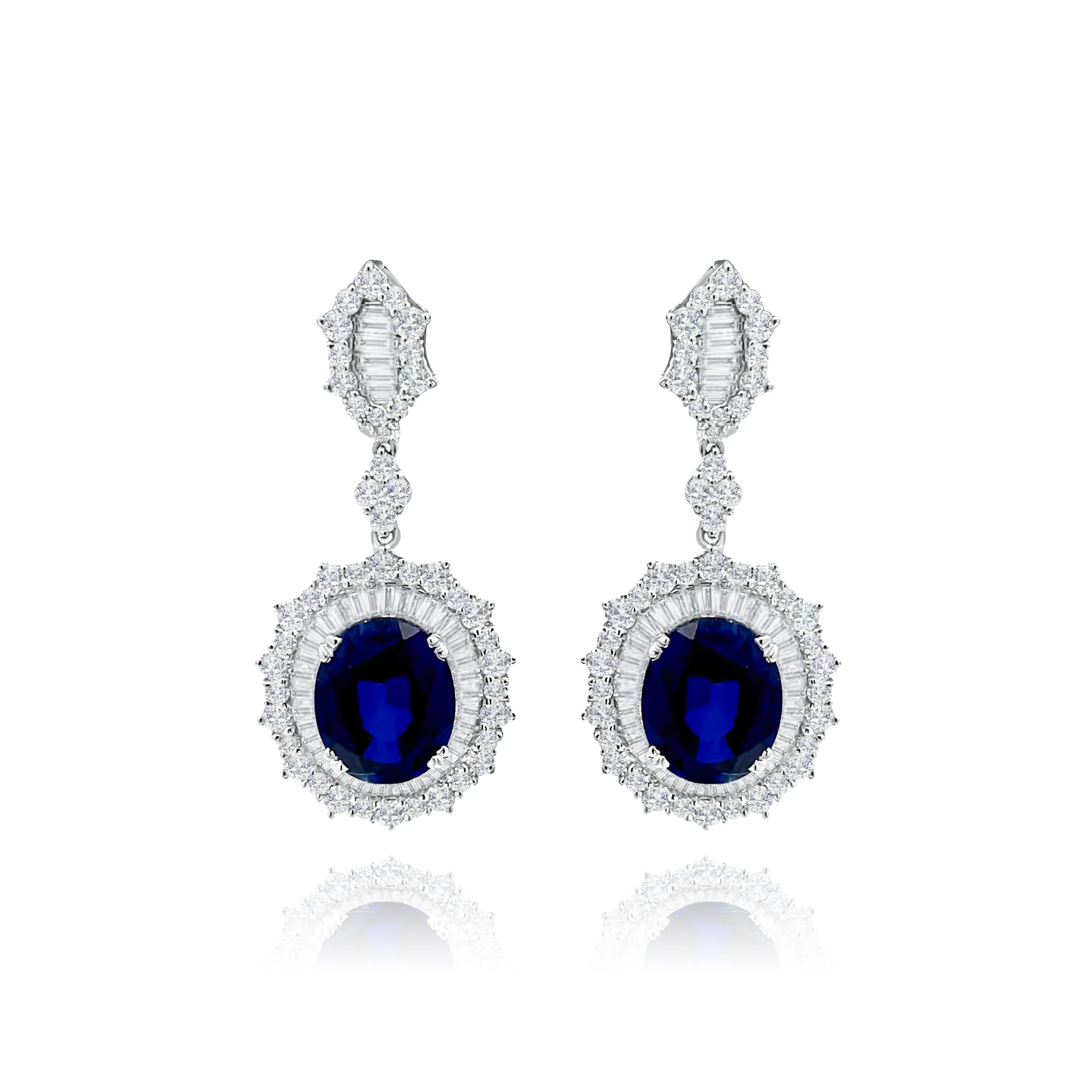 Oval Sapphire With Baguette cut & Brilliant cut Diamonds "Ocean" Earrings