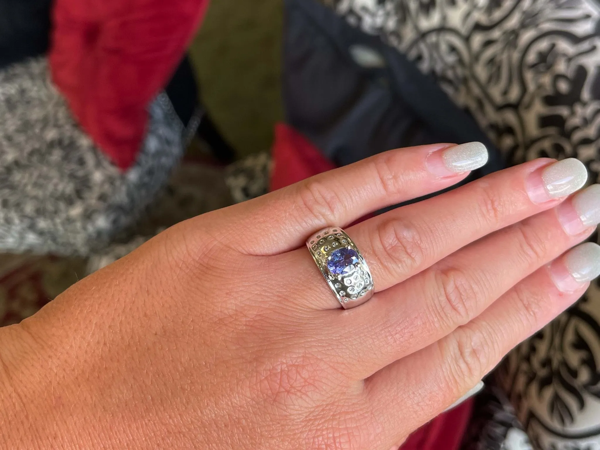 Oval Tanzanite and Diamond Studded Wide Dome Ring in Platinum
