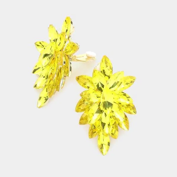 Oval Yellow Crystal Cluster Clip on Gold Earrings
