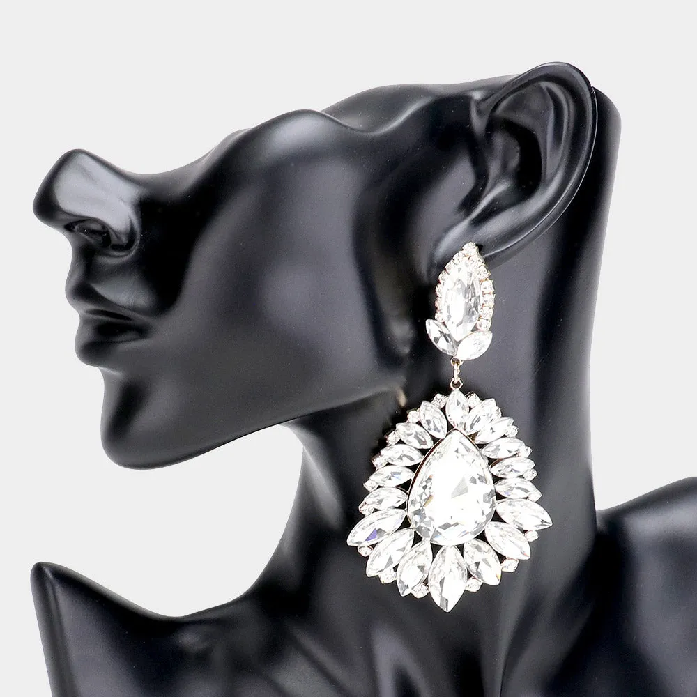 Oversized Clear Crystal Marquise Pageant Earrings | Prom Earrings on Gold | 469554