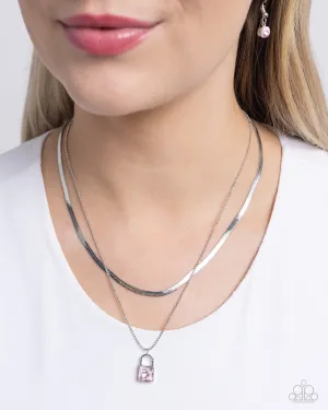 Padlock Possession - Pink - Gem Lock Herringbone Chain Tiered Paparazzi Short Necklace