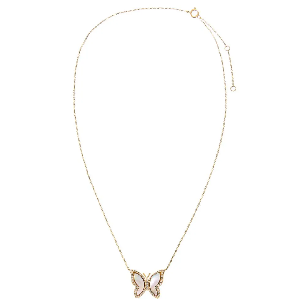 Pavé Diamond Outline Stone Butterfly Necklace 14K