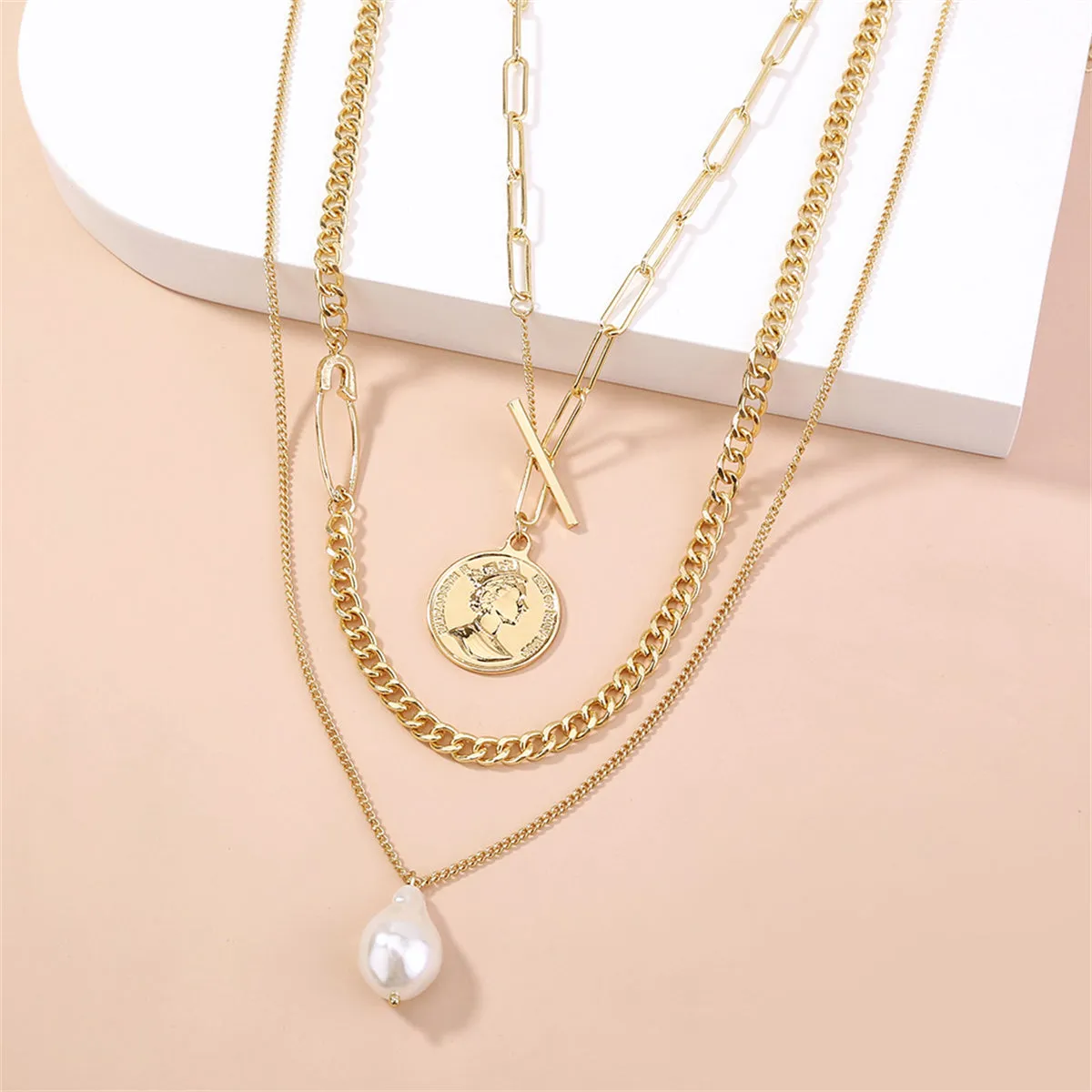 Pearl & 18K Gold-Plated Layered Coin Pendant Necklace Set