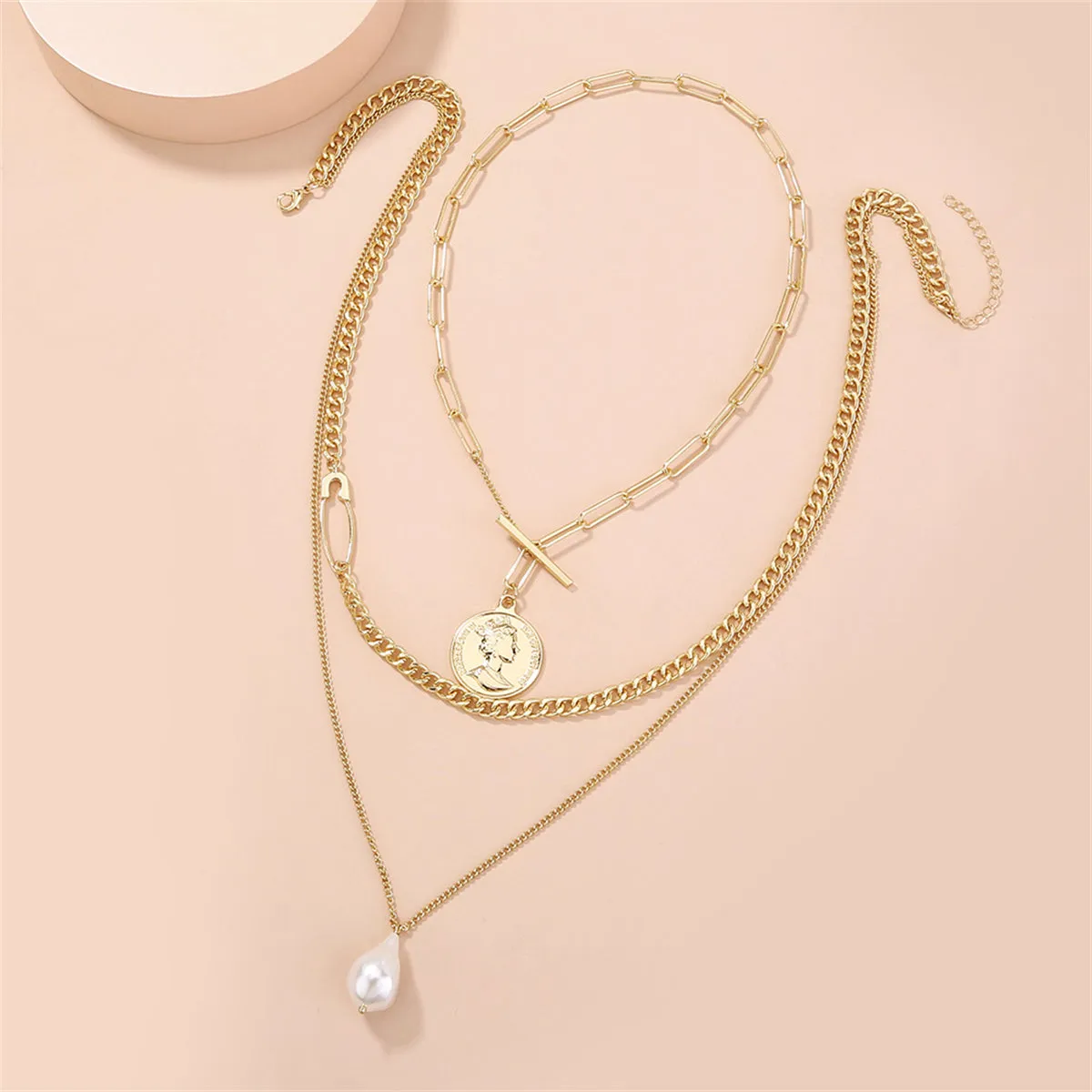 Pearl & 18K Gold-Plated Layered Coin Pendant Necklace Set