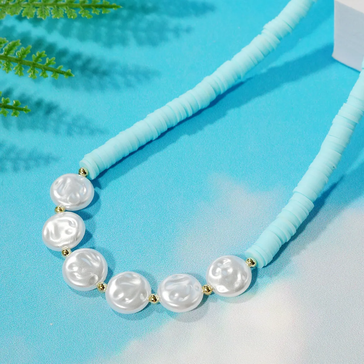 Pearl & Light Blue Polymer Clay 18K Gold-Plated Beaded Necklace