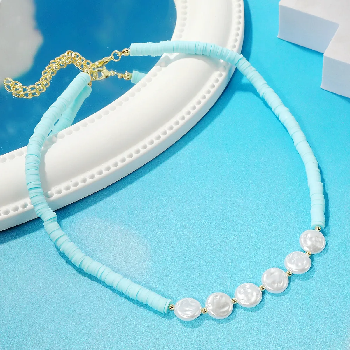 Pearl & Light Blue Polymer Clay 18K Gold-Plated Beaded Necklace