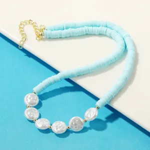 Pearl & Light Blue Polymer Clay 18K Gold-Plated Beaded Necklace