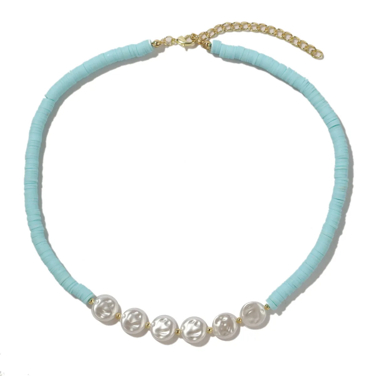 Pearl & Light Blue Polymer Clay 18K Gold-Plated Beaded Necklace