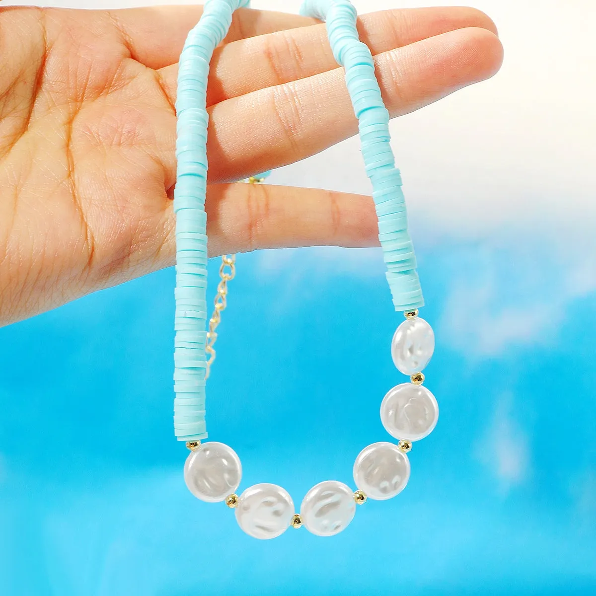 Pearl & Light Blue Polymer Clay 18K Gold-Plated Beaded Necklace