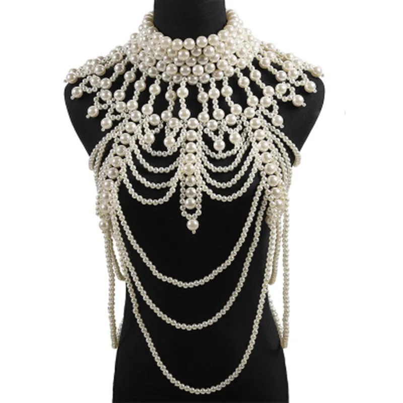 Pearl Shoulder Cape Statement Necklaces Layered Beaded Pendants Necklace