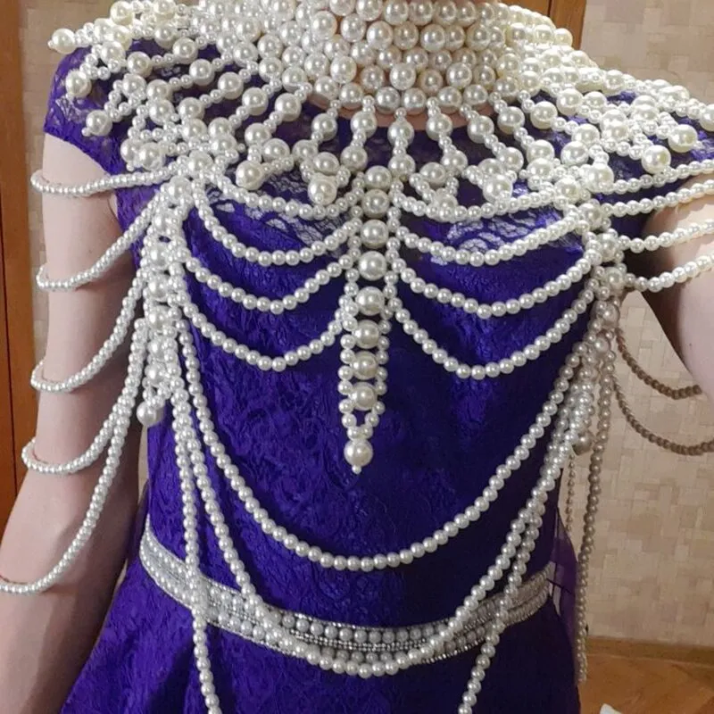 Pearl Shoulder Cape Statement Necklaces Layered Beaded Pendants Necklace