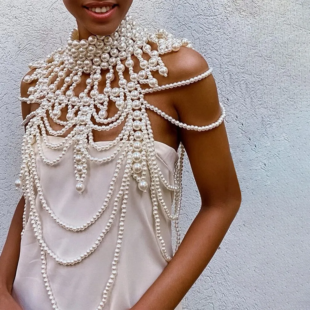 Pearl Shoulder Cape Statement Necklaces Layered Beaded Pendants Necklace