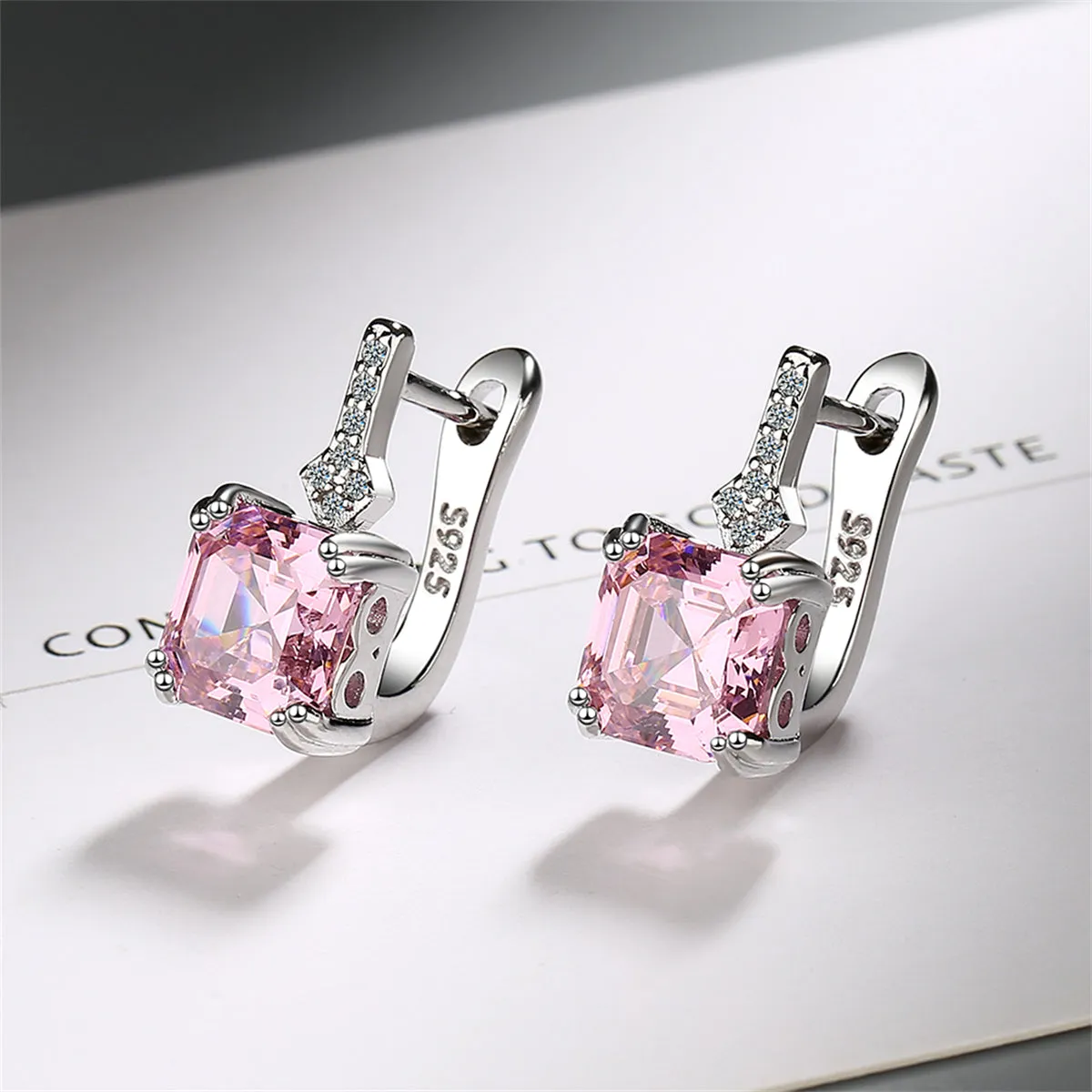 Pink Crystal & Cubic Zirconia Princess-Cut Huggie Earrings
