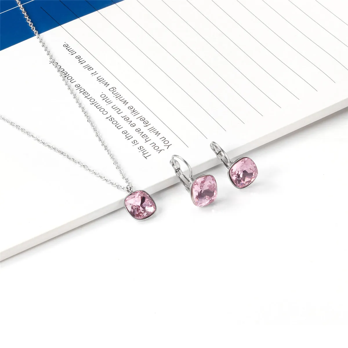 Pink Crystal & Silver-Plated Square Huggie Earring Set