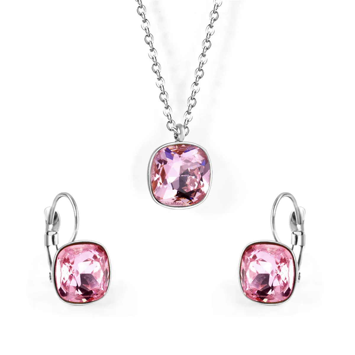 Pink Crystal & Silver-Plated Square Huggie Earring Set