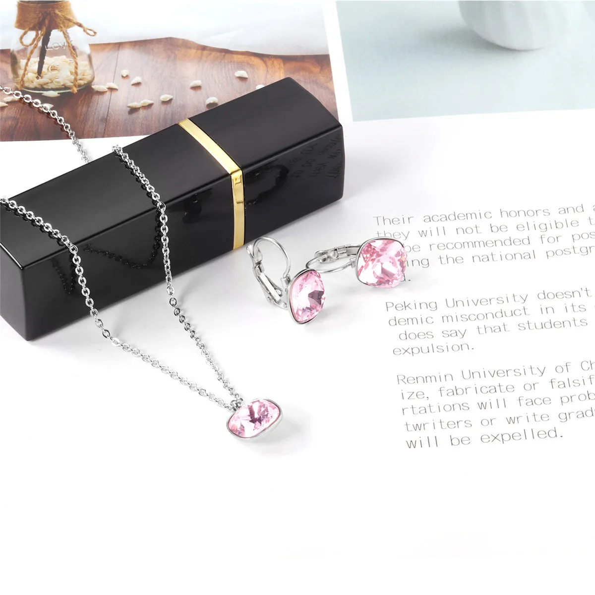 Pink Crystal & Silver-Plated Square Huggie Earring Set