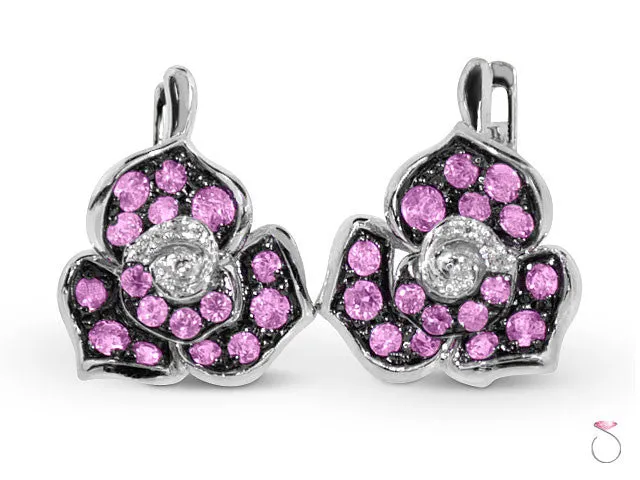 Pink Sapphire and Diamond Flower Earrings