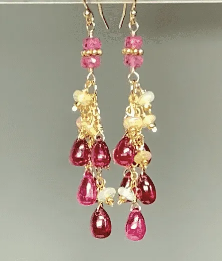 Pink Sapphire and Opal Tassel Earrings, Gold Fill