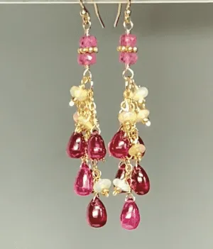 Pink Sapphire and Opal Tassel Earrings, Gold Fill