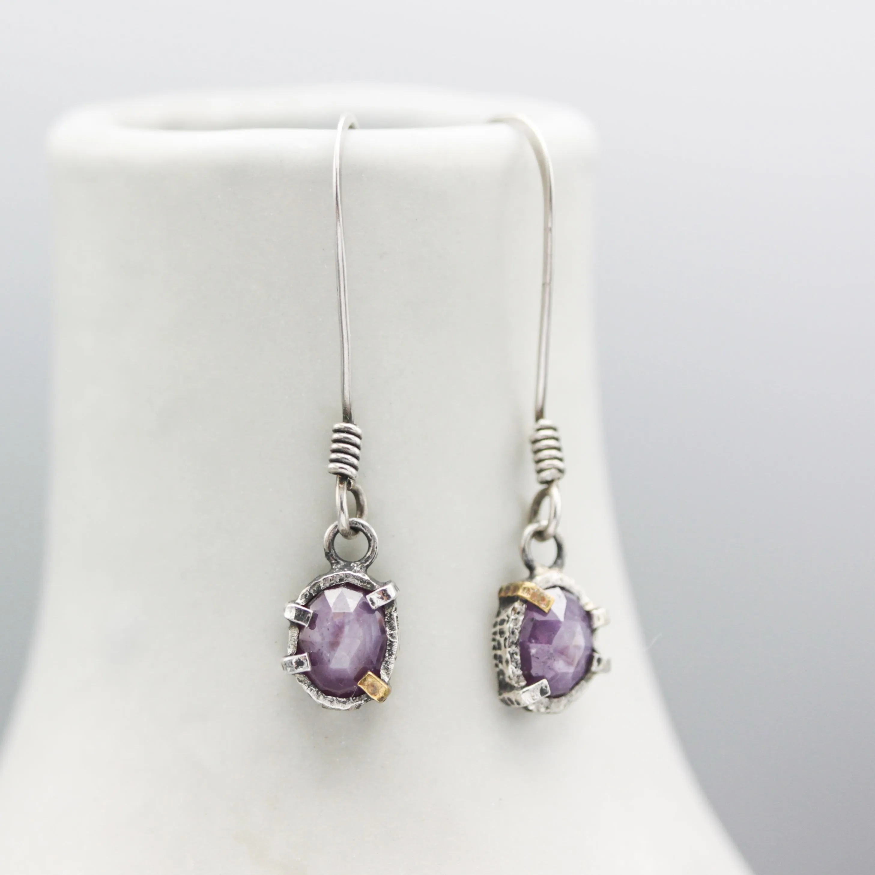 Pink sapphire faceted earrings in bezel and prongs setting with on oxidized sterling silver hooks