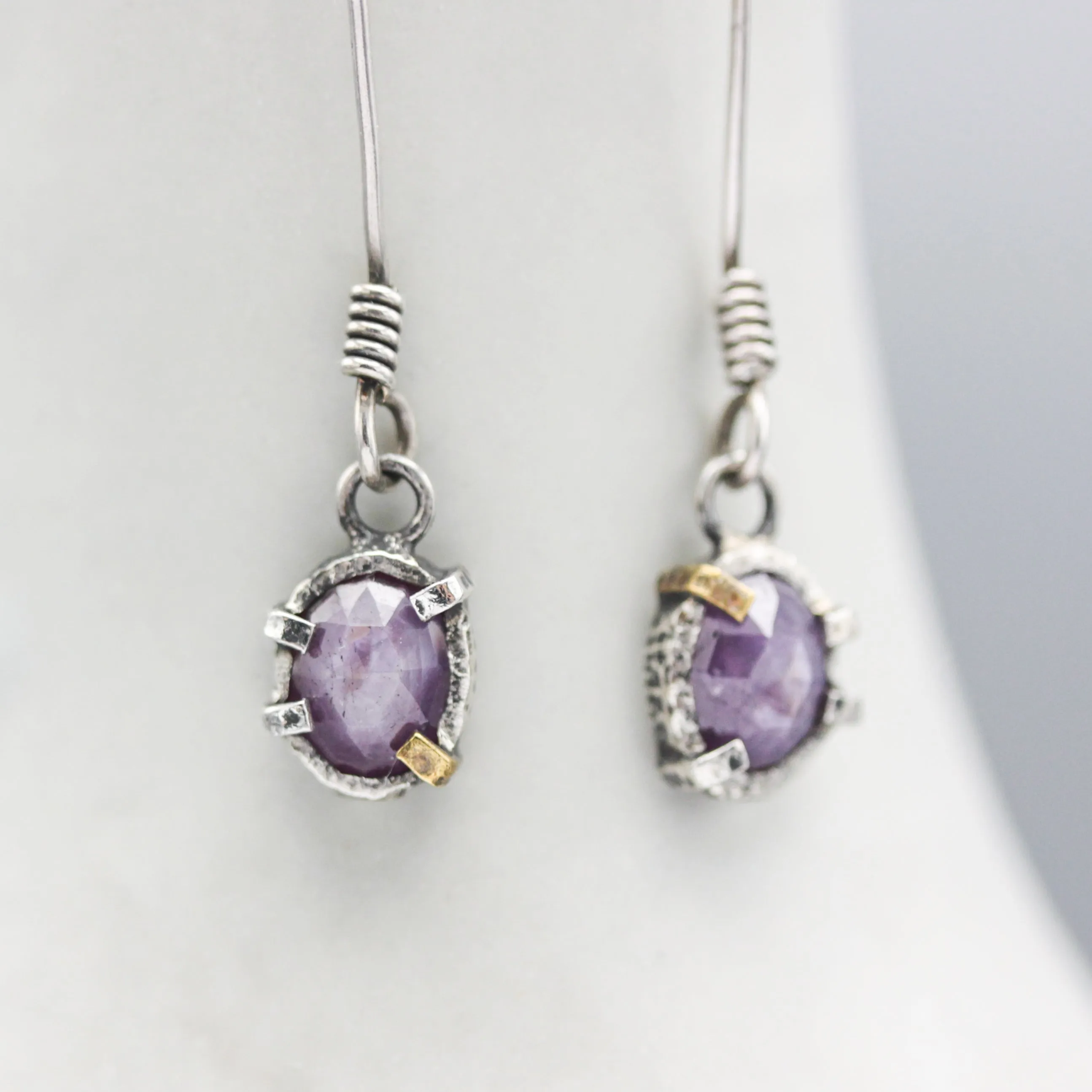 Pink sapphire faceted earrings in bezel and prongs setting with on oxidized sterling silver hooks