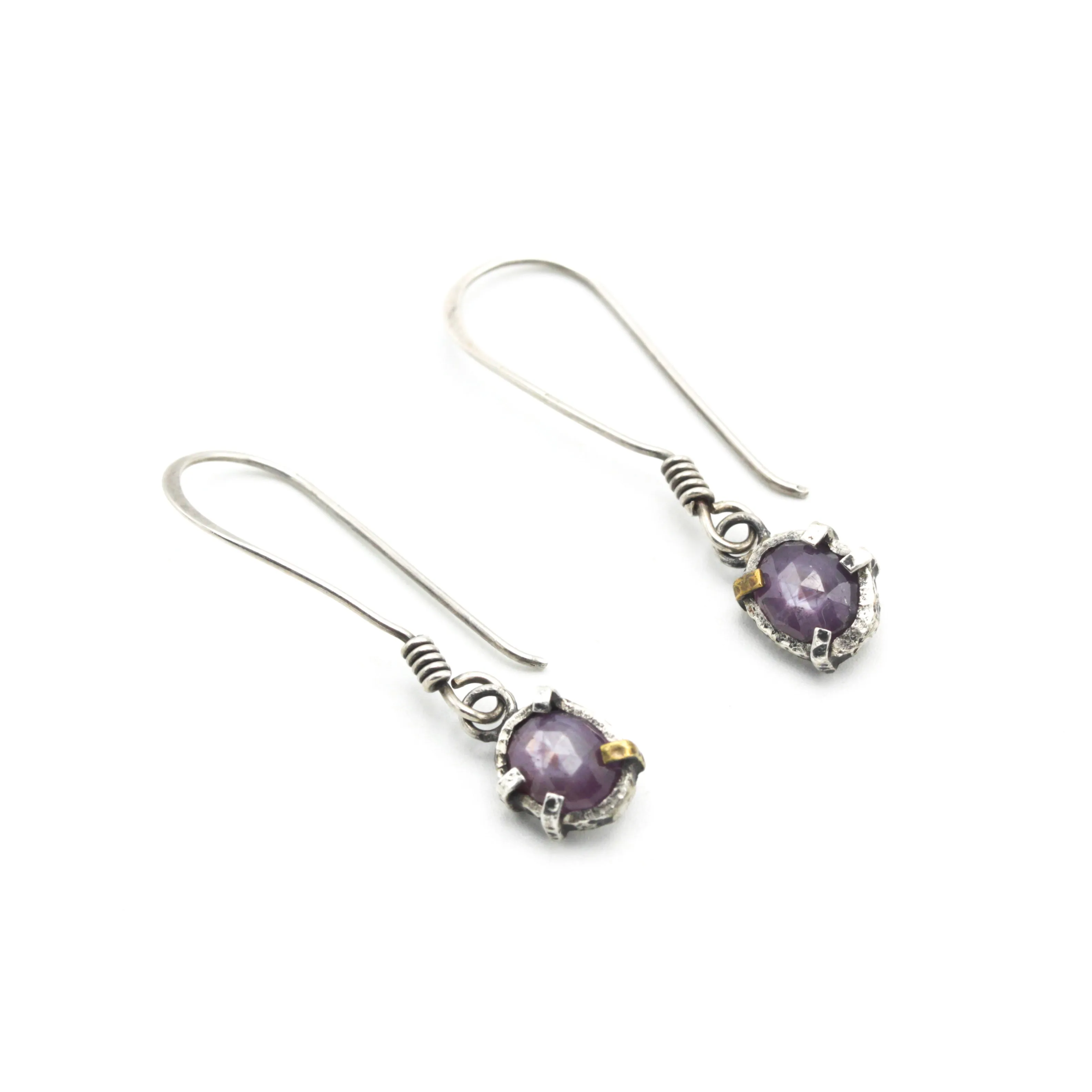 Pink sapphire faceted earrings in bezel and prongs setting with on oxidized sterling silver hooks
