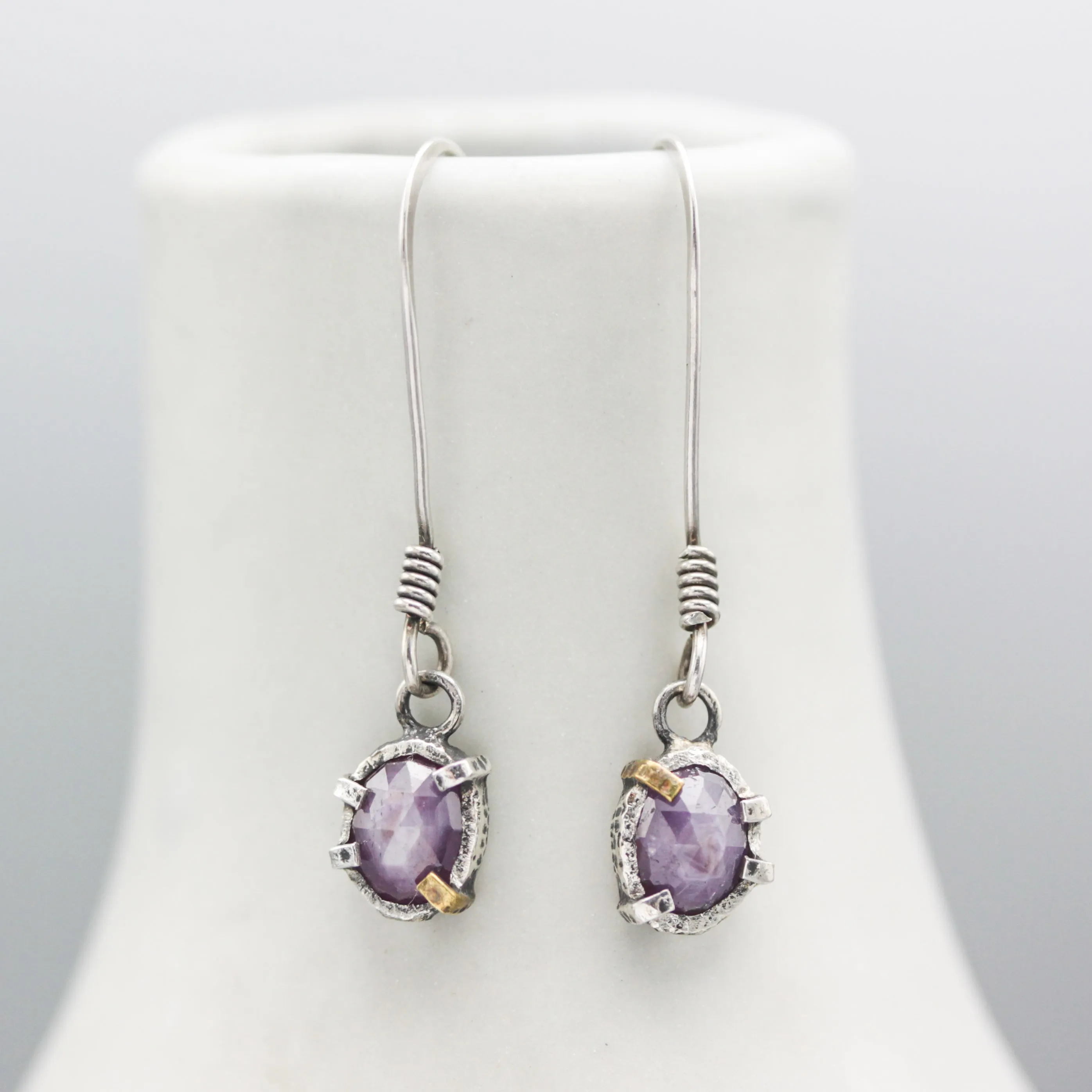 Pink sapphire faceted earrings in bezel and prongs setting with on oxidized sterling silver hooks