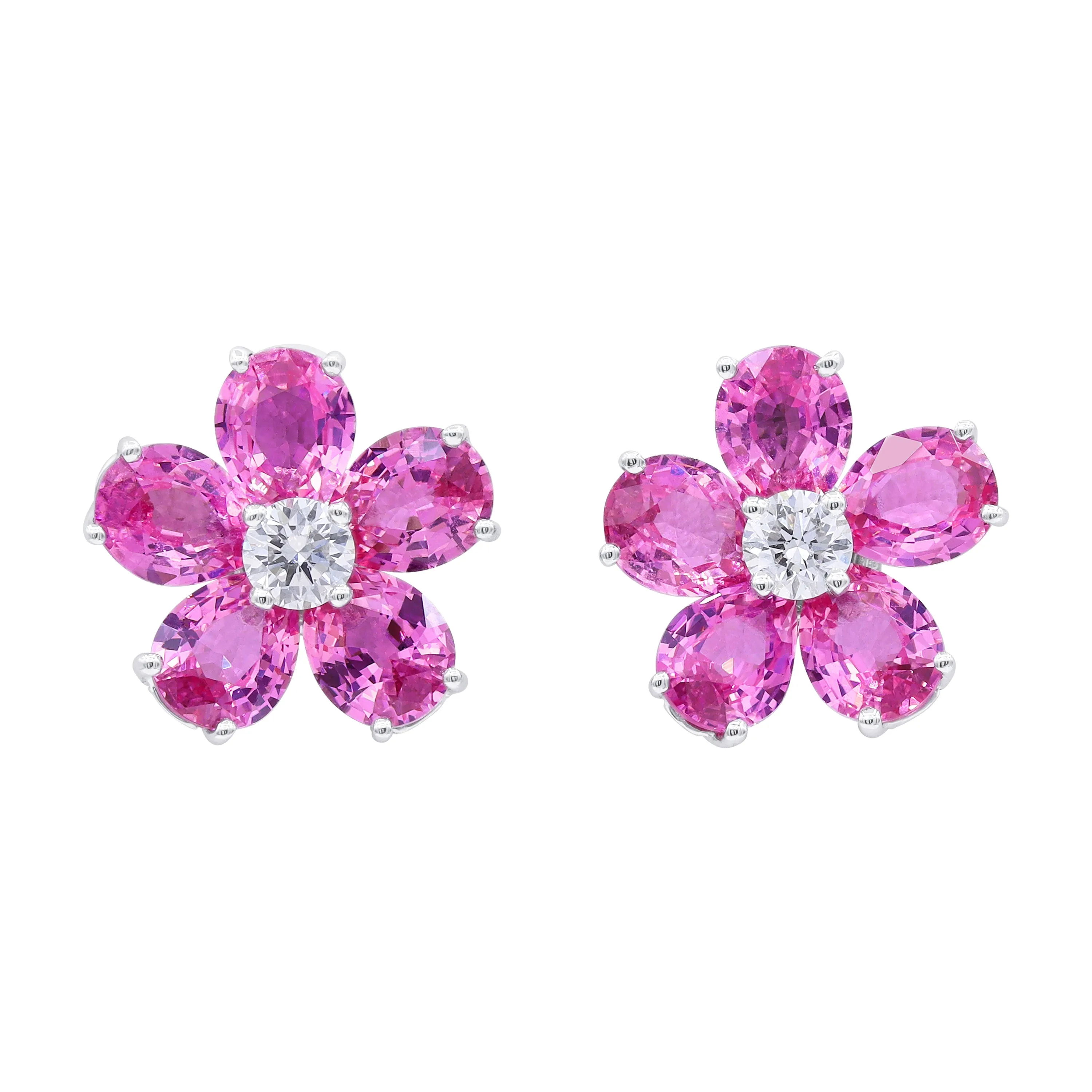 Platinum Pink Sapphire Diamond Flower Earrings