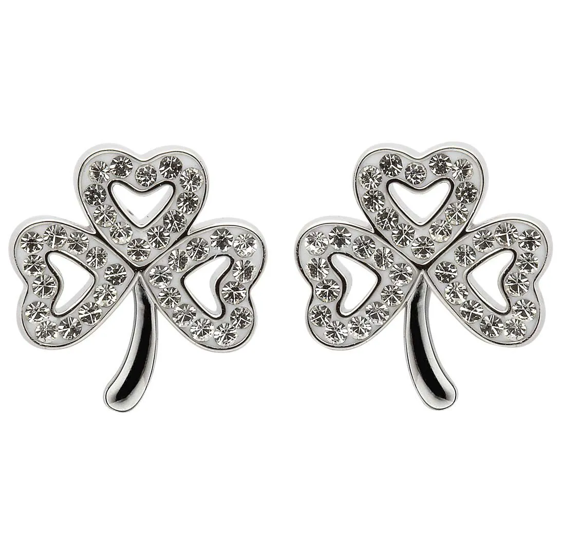 Platinum Plated Shamrock Stud Earrings With Clear Crystals