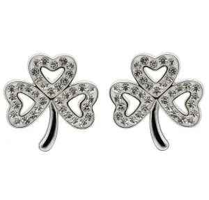 Platinum Plated Shamrock Stud Earrings With Clear Crystals