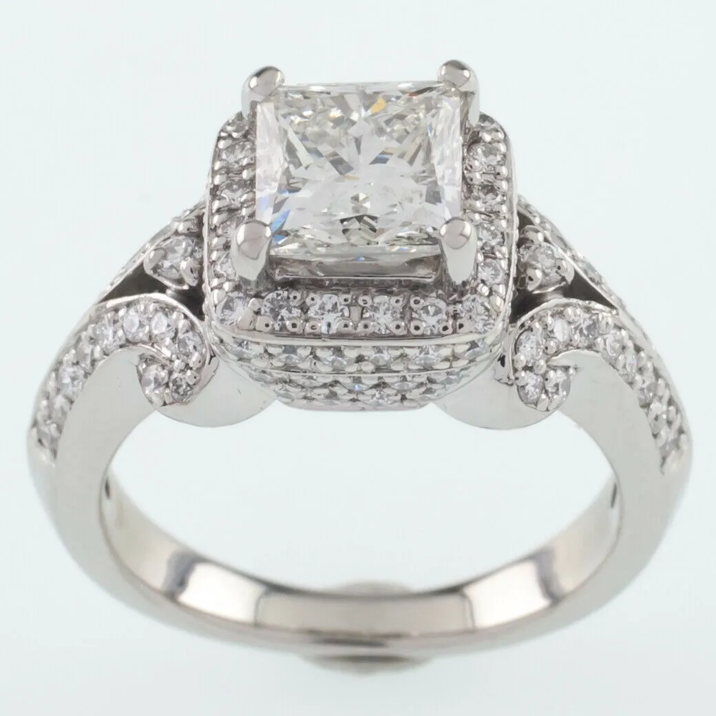Platinum Princess Diamond Solitaire Ring w/ Accents Center 1.50 Ct Size 5.5