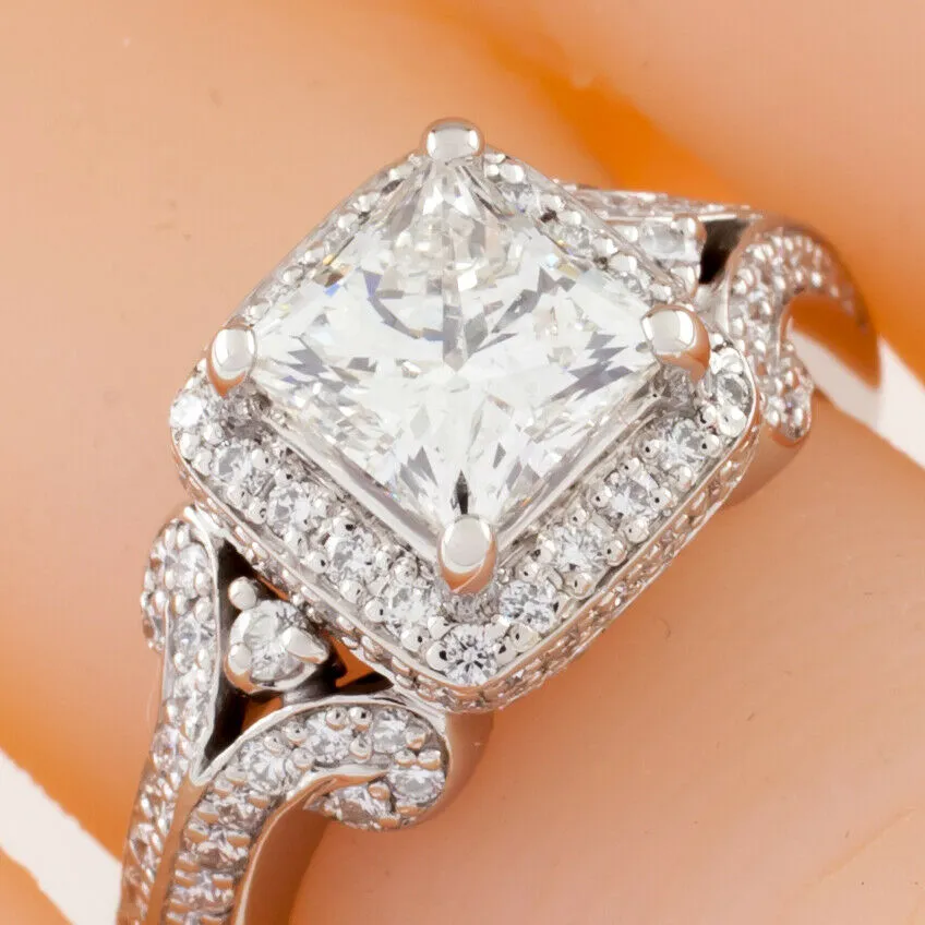 Platinum Princess Diamond Solitaire Ring w/ Accents Center 1.50 Ct Size 5.5