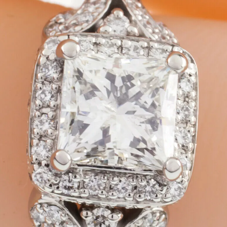 Platinum Princess Diamond Solitaire Ring w/ Accents Center 1.50 Ct Size 5.5