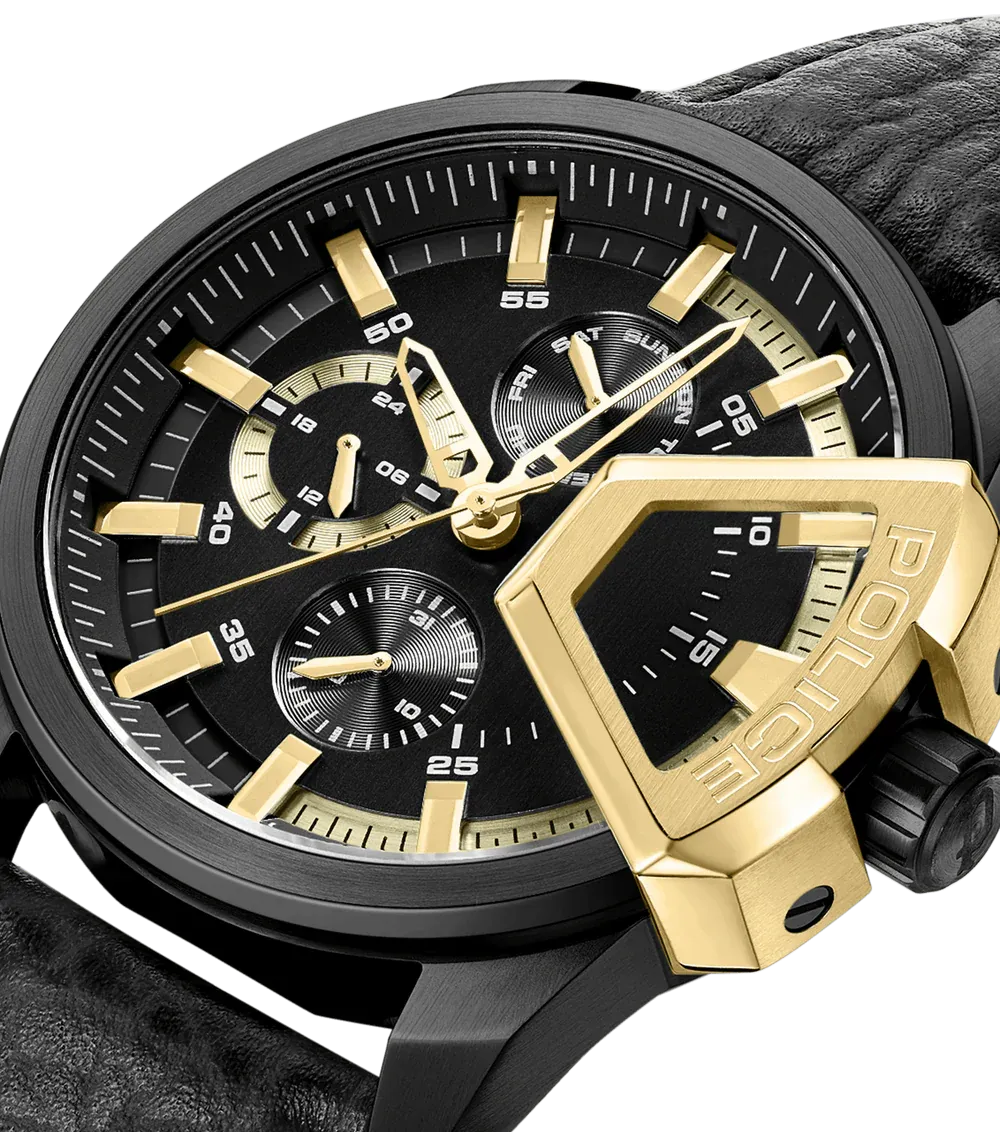 Police Underlined Gents Black Dial Black Case Black Leather Strap Watch