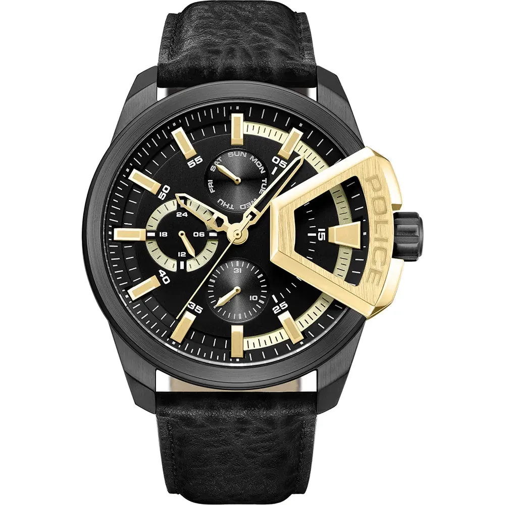 Police Underlined Gents Black Dial Black Case Black Leather Strap Watch