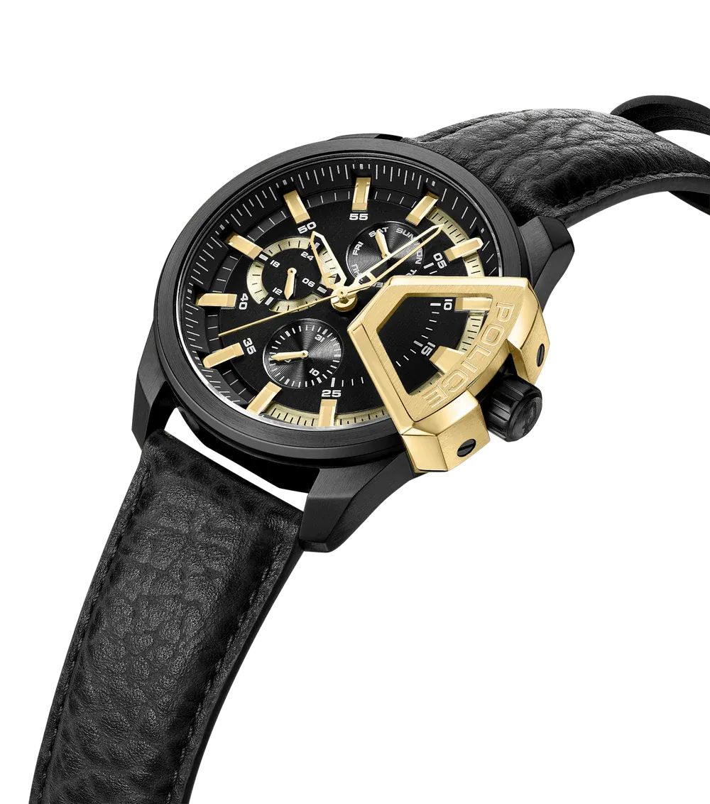 Police Underlined Gents Black Dial Black Case Black Leather Strap Watch