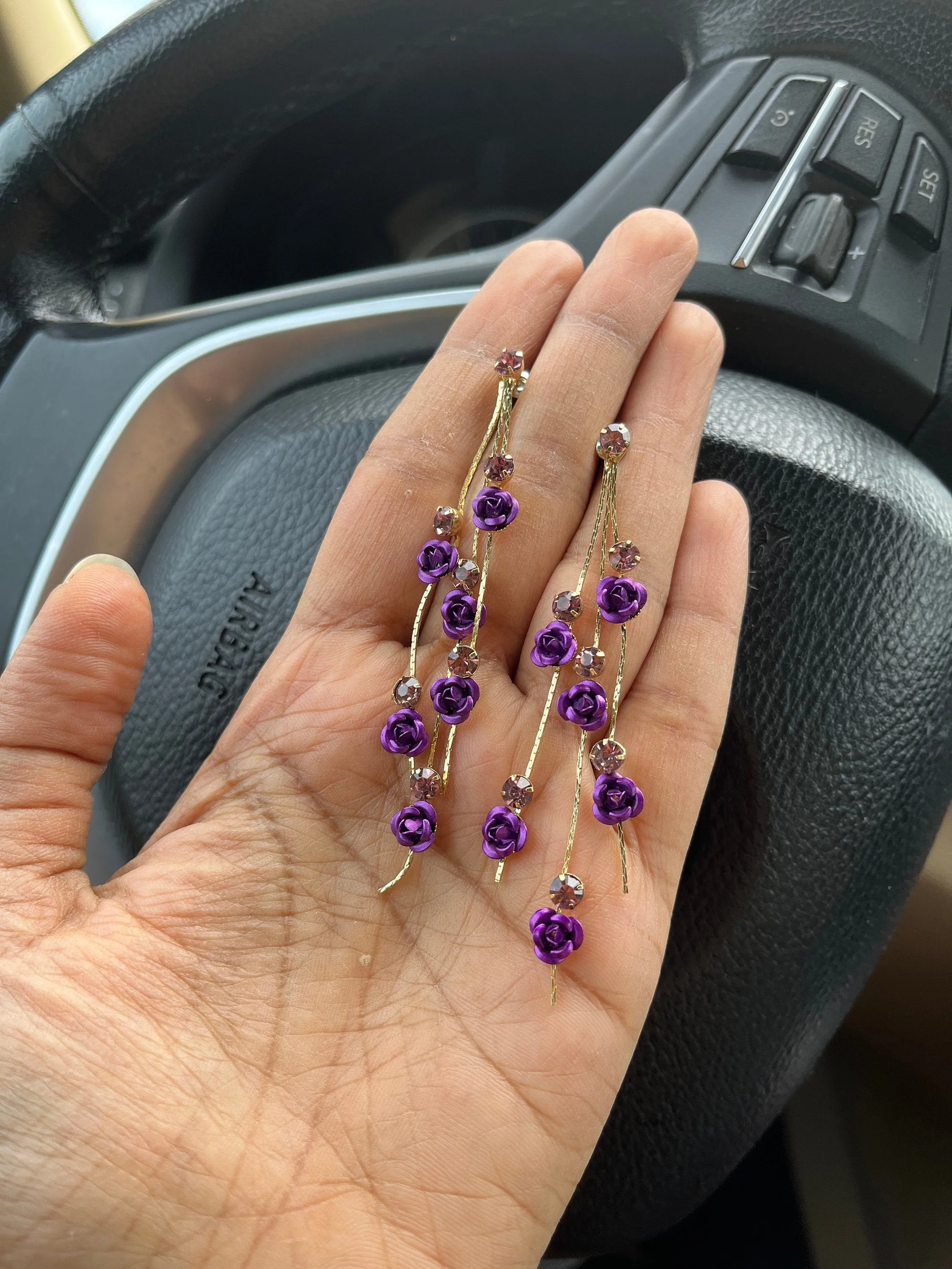 Purple Flower earrings , long purple rose earrings , purple wedding earrings , big eggplant gold rhinestone earring