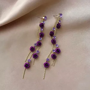 Purple Flower earrings , long purple rose earrings , purple wedding earrings , big eggplant gold rhinestone earring