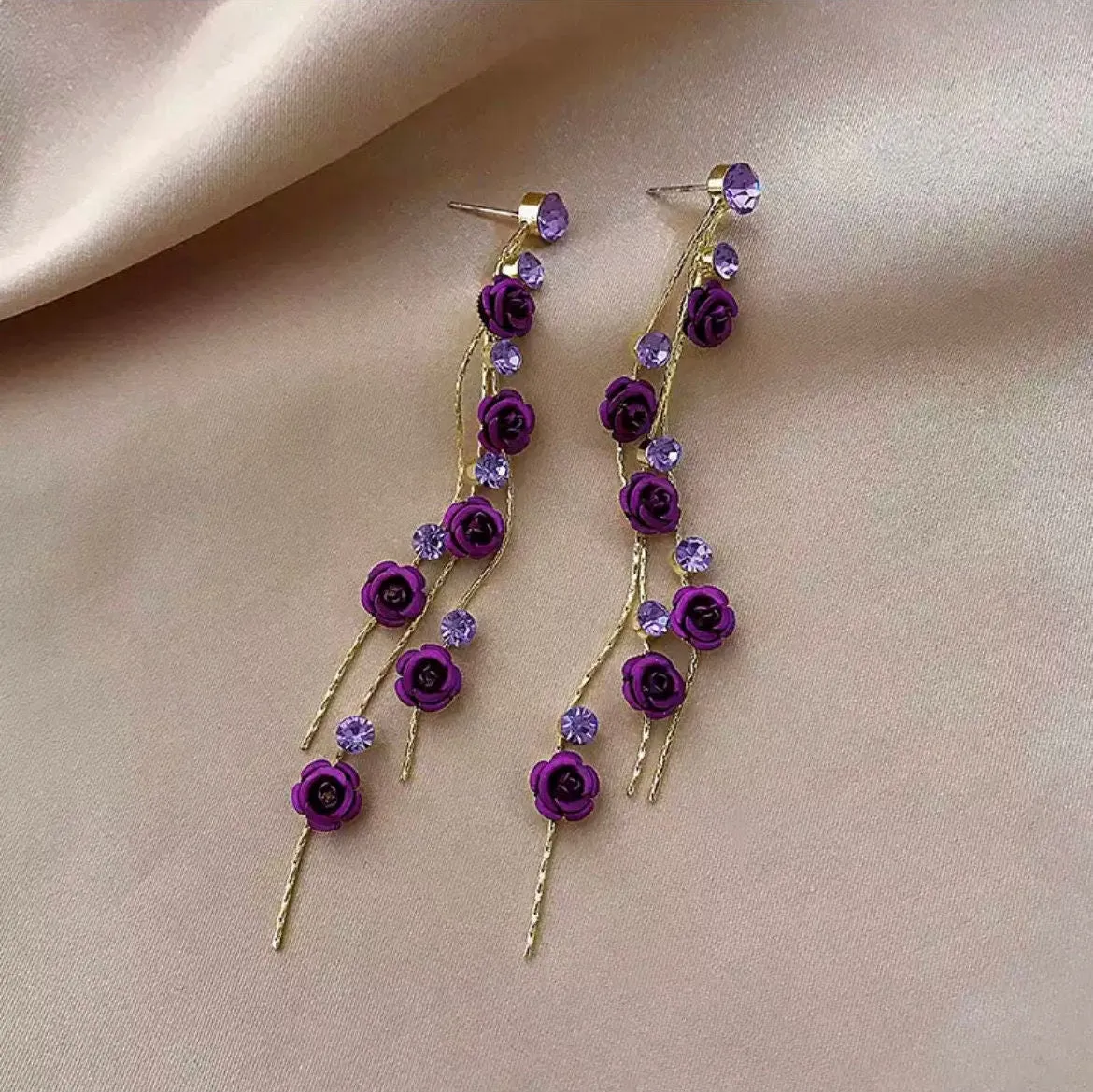 Purple Flower earrings , long purple rose earrings , purple wedding earrings , big eggplant gold rhinestone earring