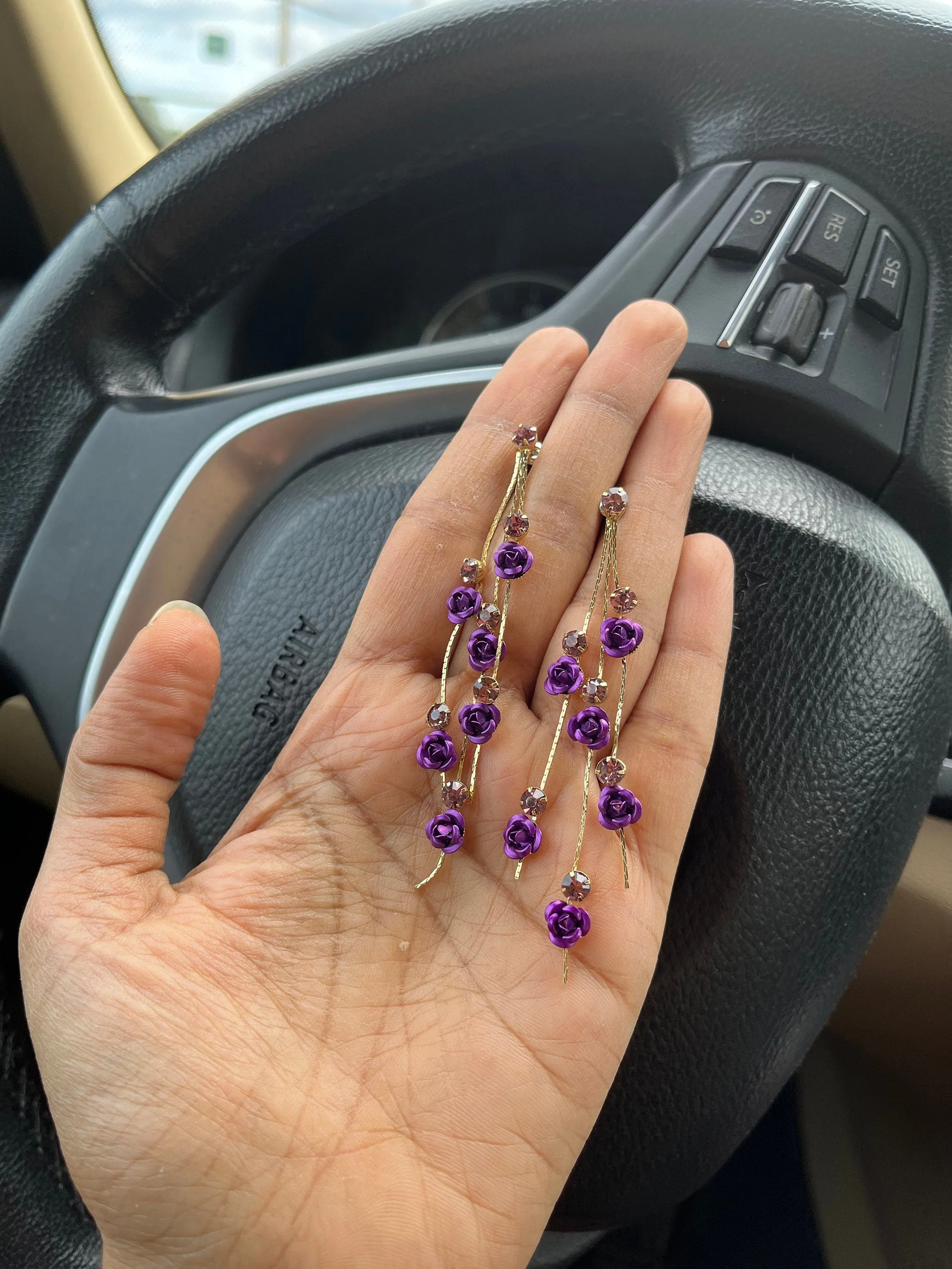Purple Flower earrings , long purple rose earrings , purple wedding earrings , big eggplant gold rhinestone earring