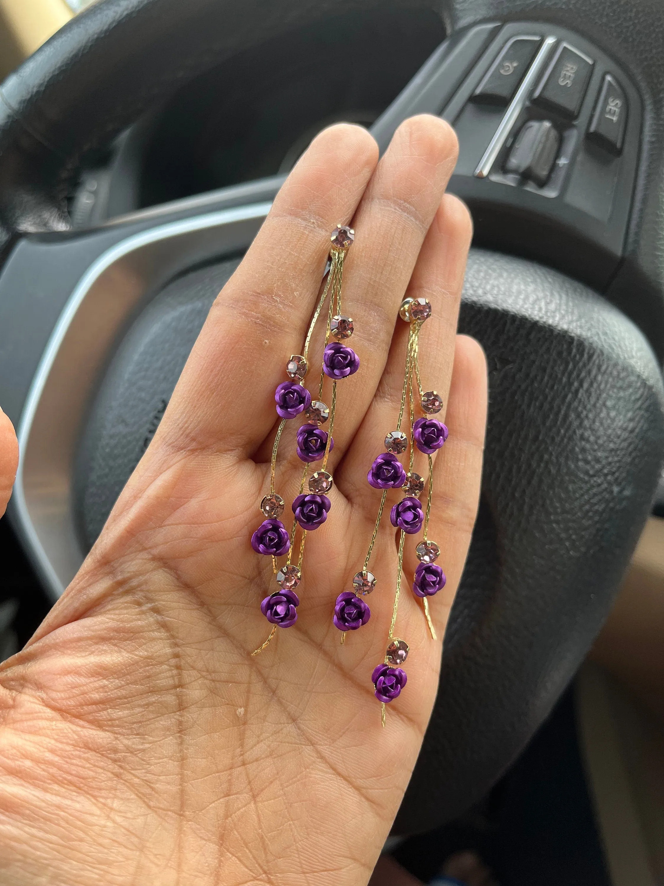 Purple Flower earrings , long purple rose earrings , purple wedding earrings , big eggplant gold rhinestone earring