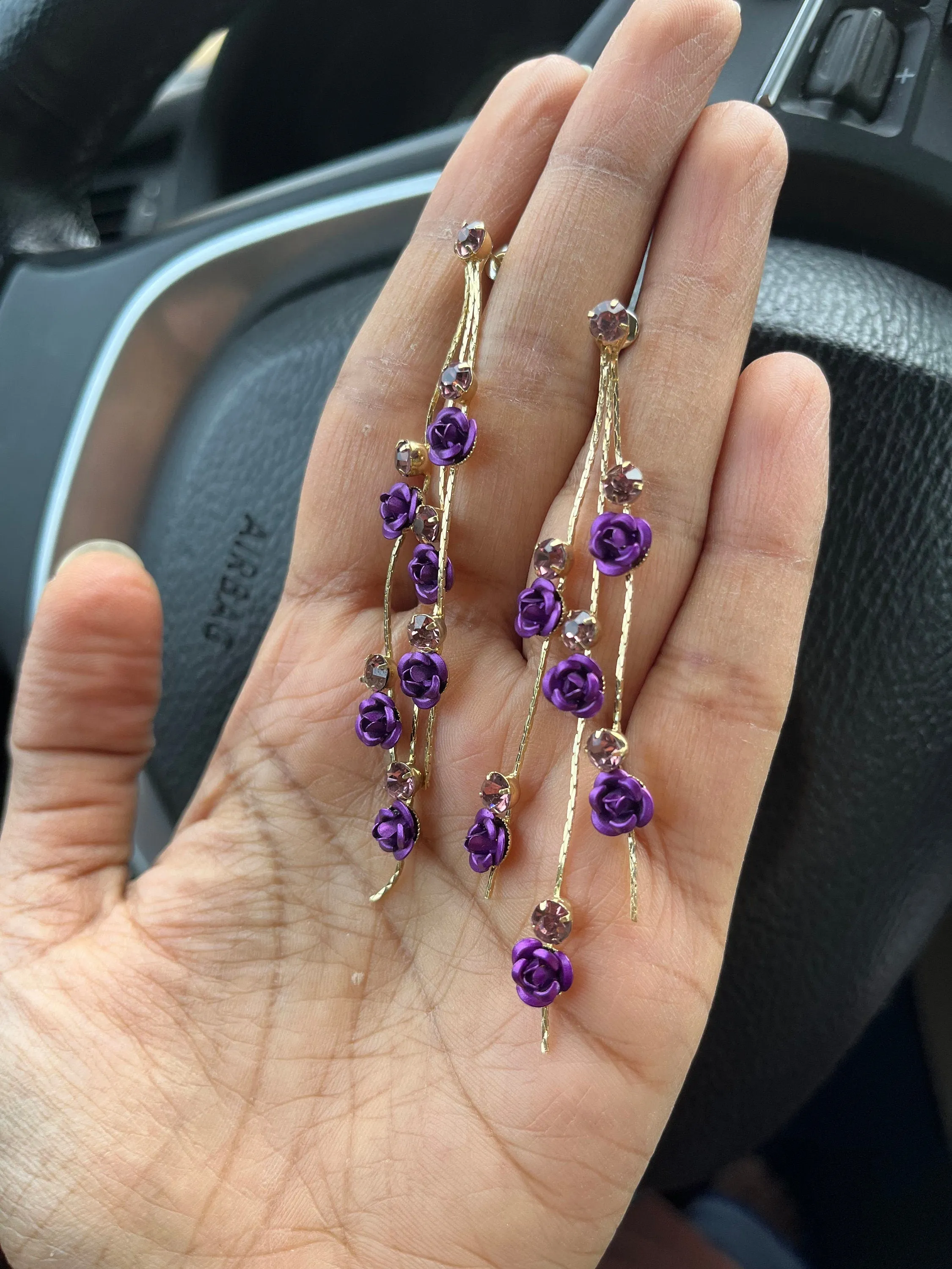 Purple Flower earrings , long purple rose earrings , purple wedding earrings , big eggplant gold rhinestone earring