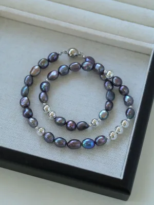 Purple Freshwater Pearls and Silver Ball Beaded Necklace